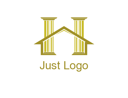 two pillars with a house forming an H