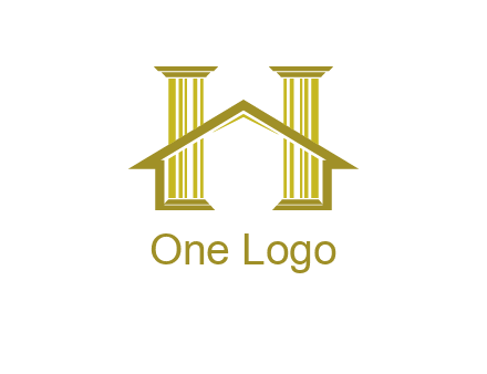 two pillars with a house forming an H