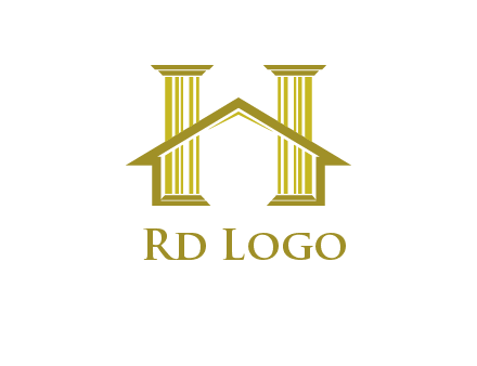two pillars with a house forming an H