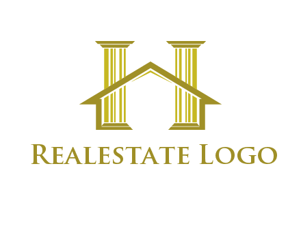 two pillars with a house forming an H