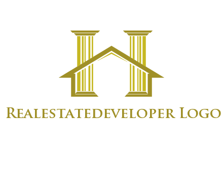 two pillars with a house forming an H