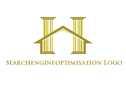 two pillars with a house forming an H