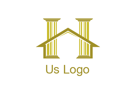 two pillars with a house forming an H