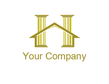 two pillars with a house forming an H