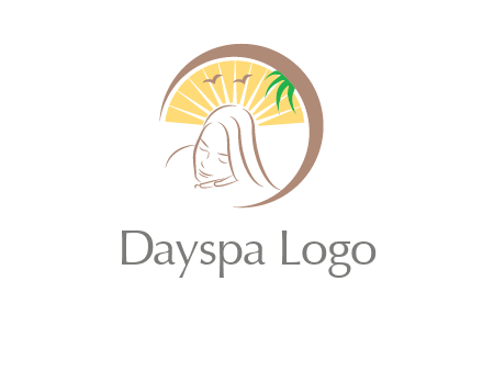 swoosh around sleeping woman head with rays and birds spa logo