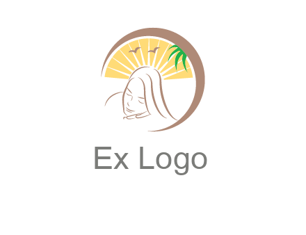 swoosh around sleeping woman head with rays and birds spa logo
