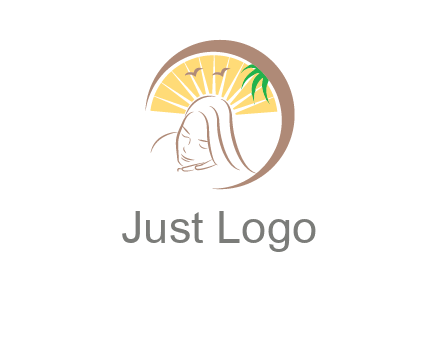 swoosh around sleeping woman head with rays and birds spa logo