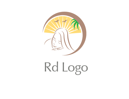 swoosh around sleeping woman head with rays and birds spa logo