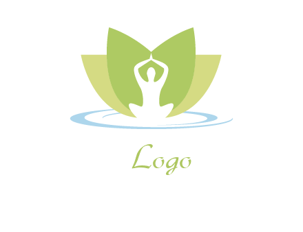 sitting person in yoga pose and lotus flower fitness logo