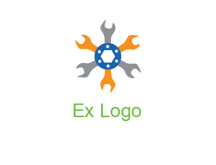 spanners crossing each other with nut in center engineering logo icon