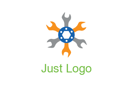 spanners crossing each other with nut in center engineering logo icon