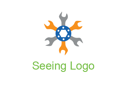 spanners crossing each other with nut in center engineering logo icon