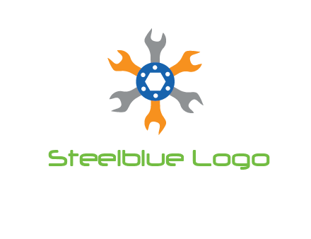 spanners crossing each other with nut in center engineering logo icon