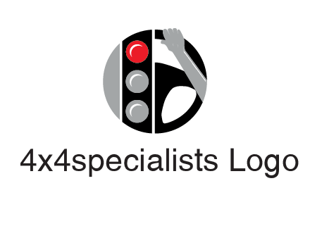traffic light and steering wheel with hand in circle logo