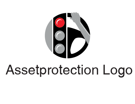 traffic light and steering wheel with hand in circle logo
