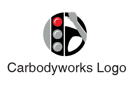 traffic light and steering wheel with hand in circle logo