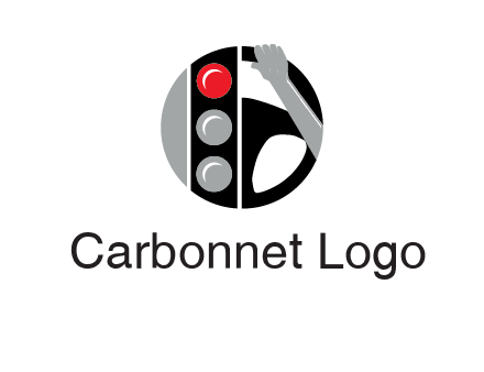 traffic light and steering wheel with hand in circle logo