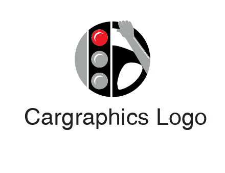 traffic light and steering wheel with hand in circle logo