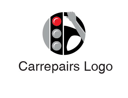 traffic light and steering wheel with hand in circle logo