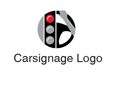 traffic light and steering wheel with hand in circle logo