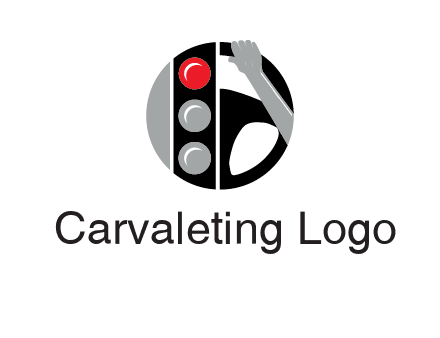 traffic light and steering wheel with hand in circle logo