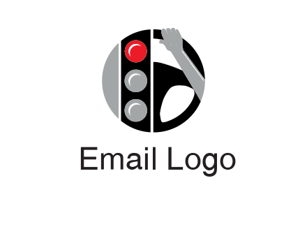 traffic light and steering wheel with hand in circle logo