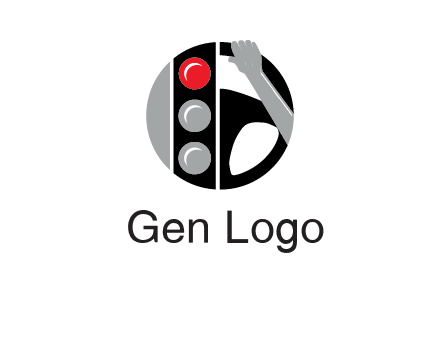 traffic light and steering wheel with hand in circle logo