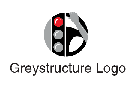 traffic light and steering wheel with hand in circle logo