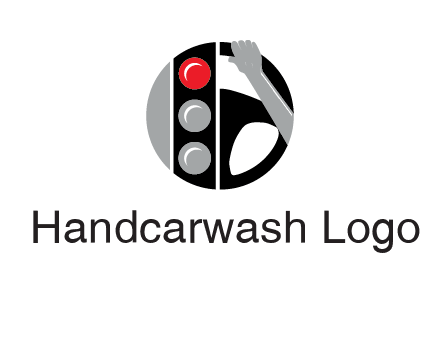 traffic light and steering wheel with hand in circle logo