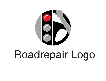 traffic light and steering wheel with hand in circle logo