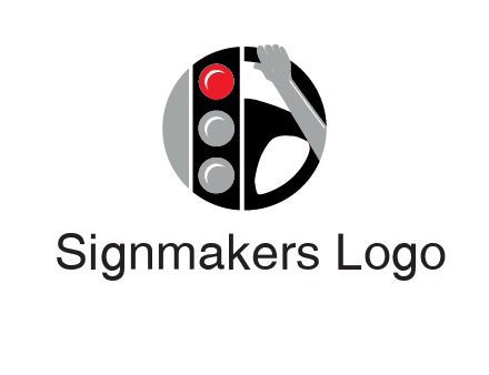 traffic light and steering wheel with hand in circle logo
