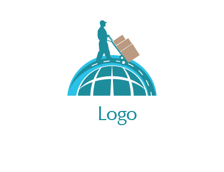 man with goods trolley walking on globe logistics logo