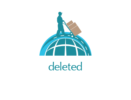 man with goods trolley walking on globe logistics logo