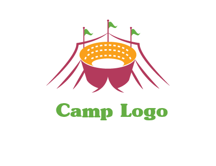circus tent with flags around event logo