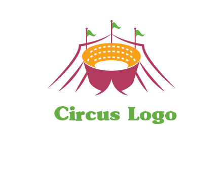 circus tent with flags around event logo