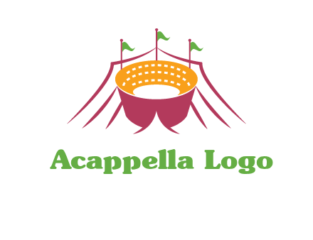 circus tent with flags around event logo