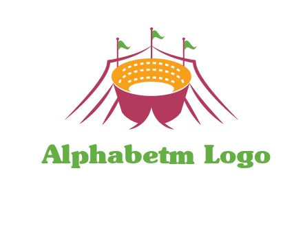 circus tent with flags around event logo