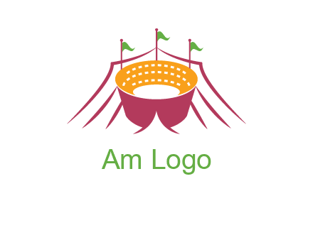 circus tent with flags around event logo