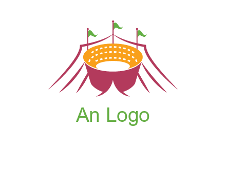 circus tent with flags around event logo