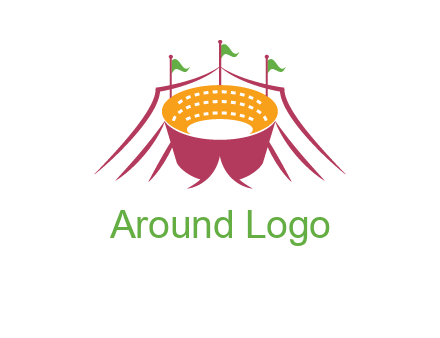 circus tent with flags around event logo