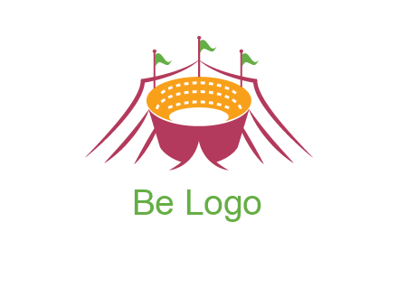 circus tent with flags around event logo