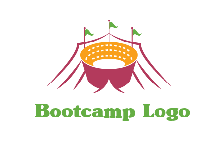 circus tent with flags around event logo