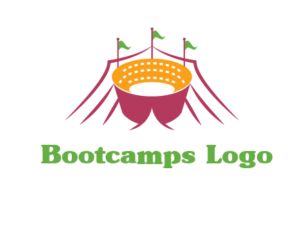 circus tent with flags around event logo