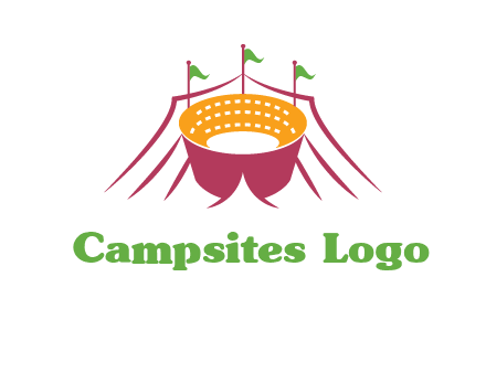 circus tent with flags around event logo