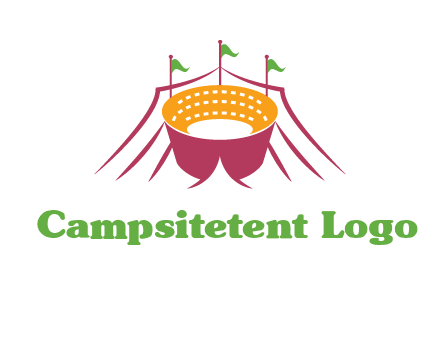 circus tent with flags around event logo