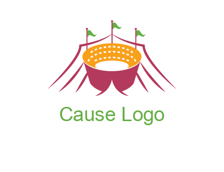 circus tent with flags around event logo