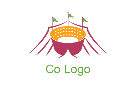 circus tent with flags around event logo