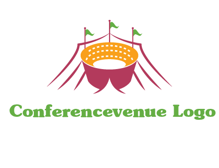 circus tent with flags around event logo