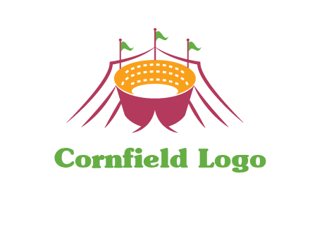 circus tent with flags around event logo