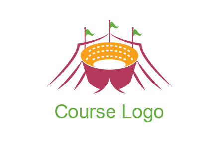 circus tent with flags around event logo